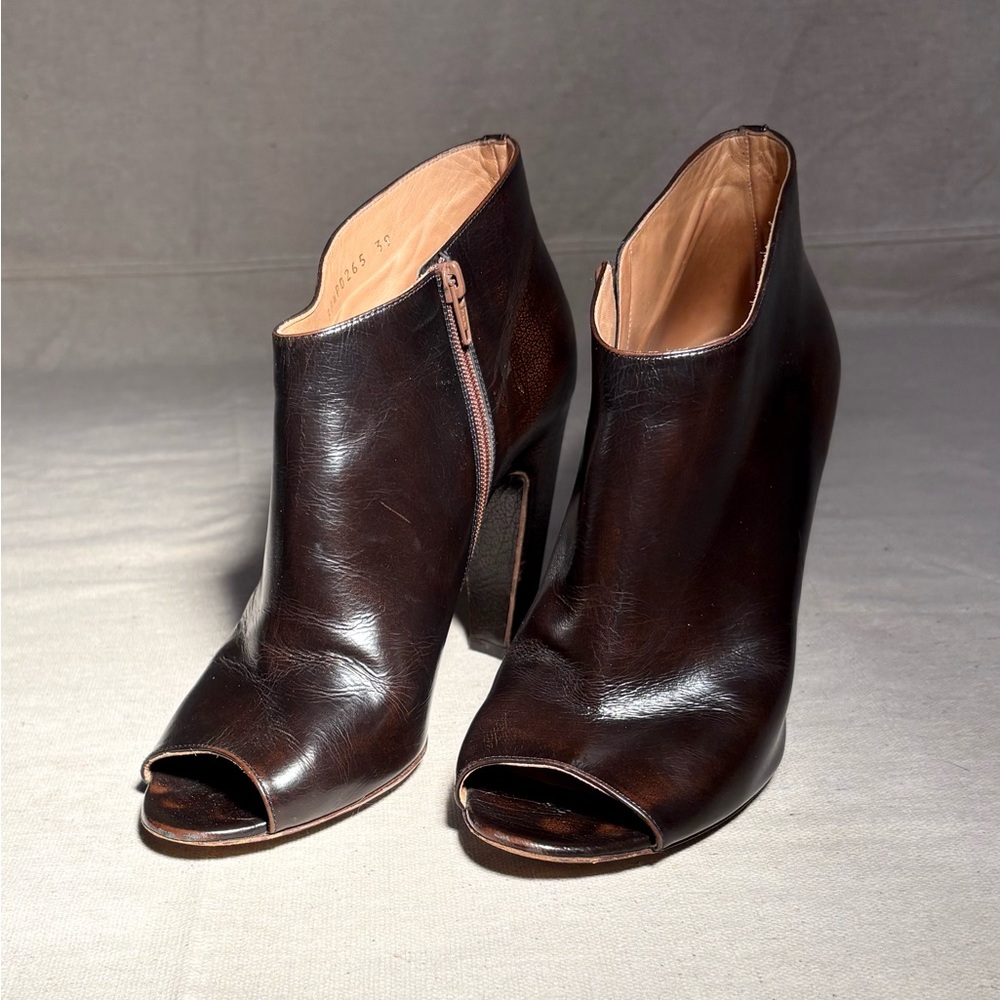 Italian Chic Dark Brown Leather Peep-Toe Heels